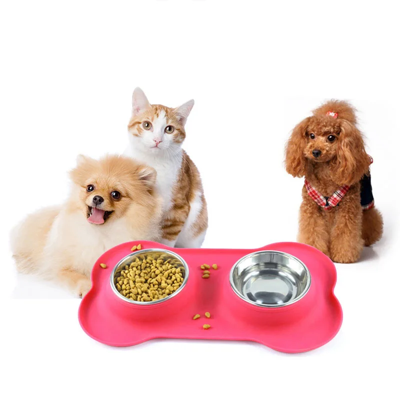 

Dog Feeder Bowl Pet Cat Double Bowl Water Feeder Dog Accessories Pets Food Puppy Supplies Silicone Stainless Steel Non-slip