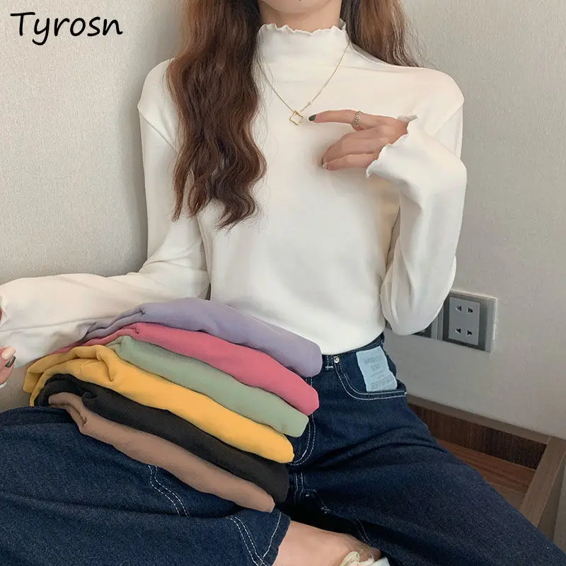 

Женские футболки с коротким воротником, однотонные оборки, тонкие Мягкие Универсальные футболки Ulzzang с длинным рукавом, милые элегантные ис...