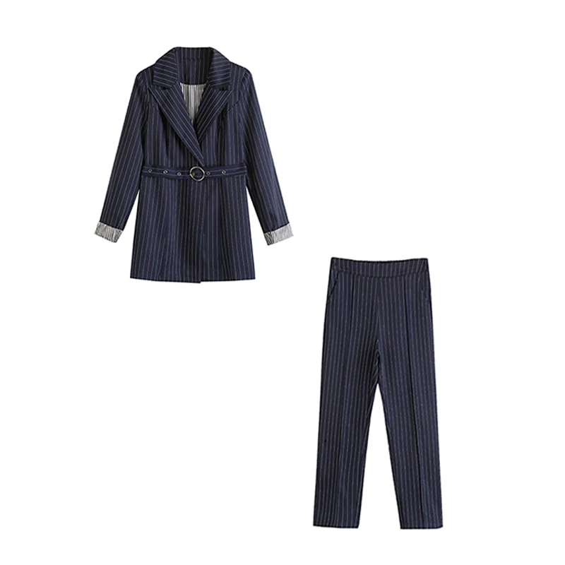 

PERHAPS U Navy Blue Notch Collar Blazer Pants Suit Two Pieces Stripped Set Office Lady Women Set T0266