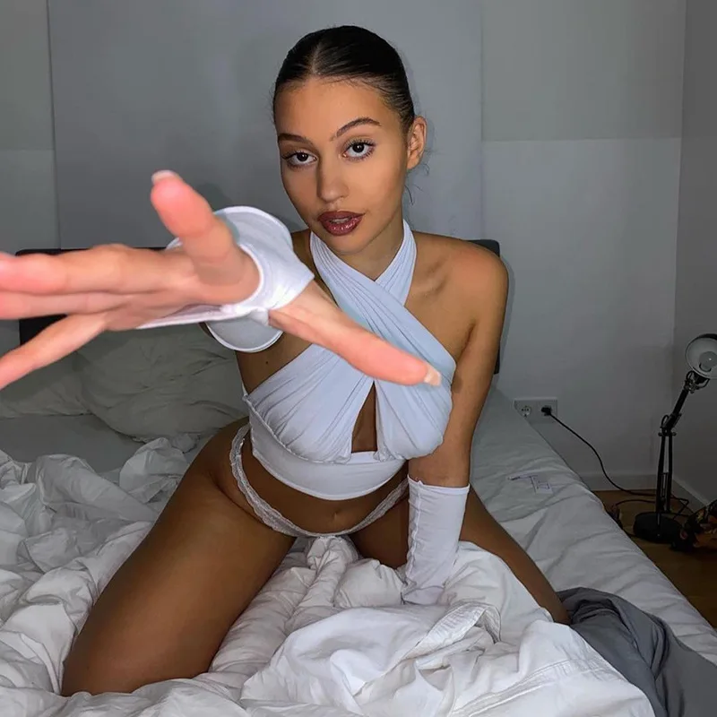 

Halter Hot Sexy Wrap Crop Tops with Sleeve Women Elegant Fashion Backless Cut-Out Cropped Feminino Top Streetwear