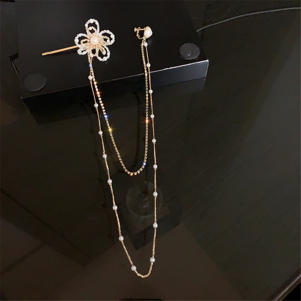 

Exaggerated Personality Ear Clip Hair Clip One-Piece Earrings Diamond-Studded Pearl Flower Hairpin Design Earrings 2021 New