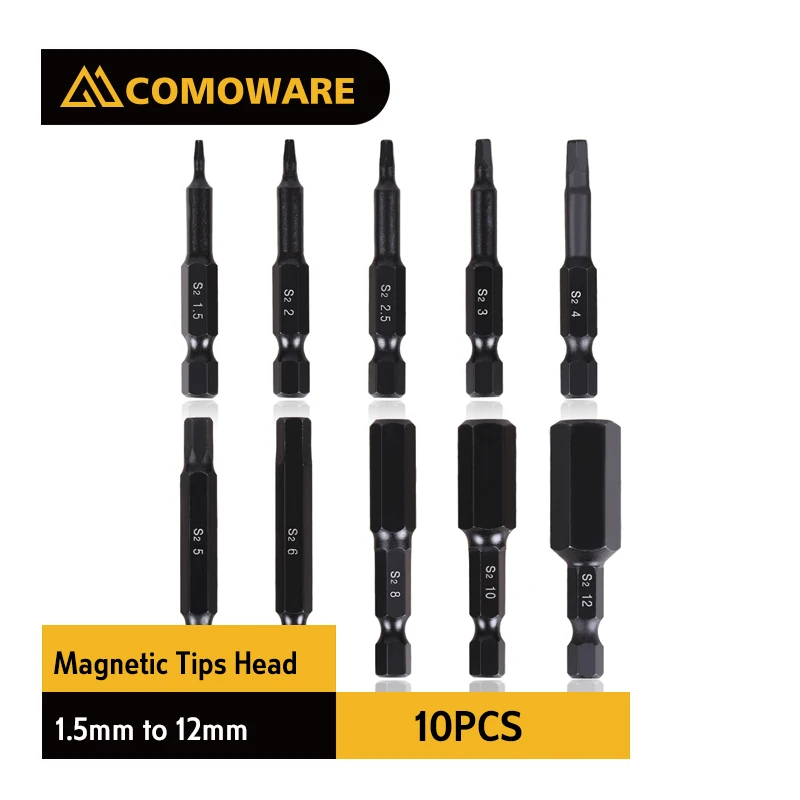 

COMOWARE 10Pcs Precision electric Screwdriver attachments set Hex Head Magnetic Tips Hand Tool kits Allen Wrench Drill Bit Set