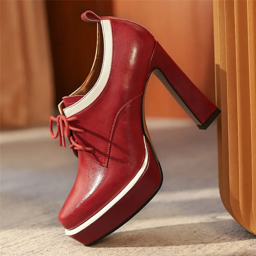 Bottines en cuir véritable à talons hauts épais pour femmes, escarpins à plateforme, à bout rond, chaussures de boîte de nuit de mariage 34 35 36 37 38 39