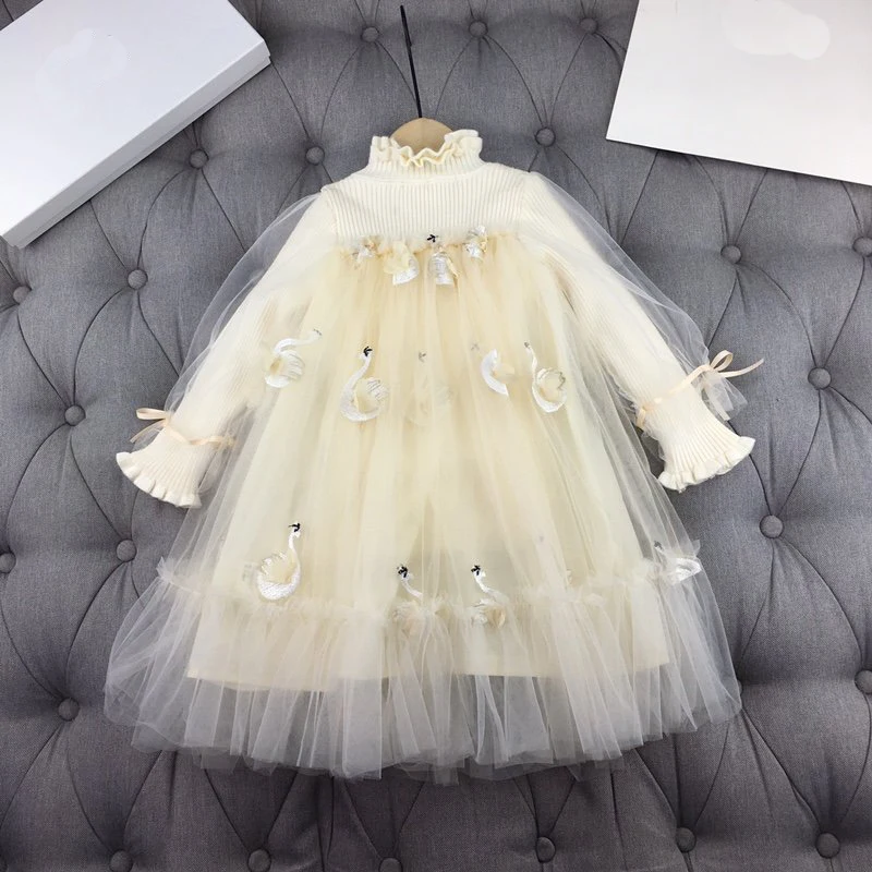 Beige Роскошное платье для девочек; теплые зимние рождественские платья; платье с вышитым лебедем; Сетчатое платье; Одежда для девочек; платье-пачка принцессы - Цвет: Beige