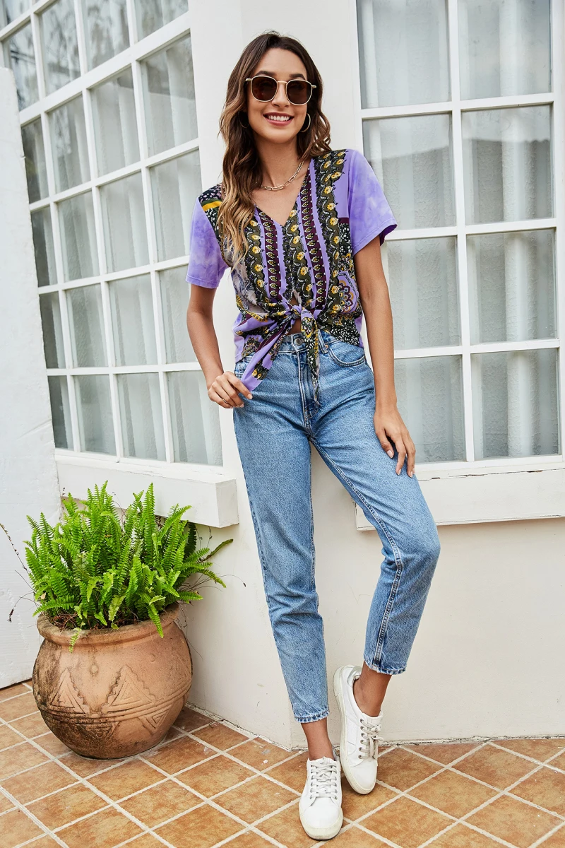 

New Summer Fashion Pullover Women's Tie-dye Print Matching V-neck T-shirt Personality Double-sided T-shirts