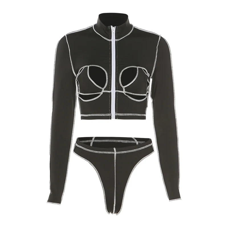 

UVRCOS Women's Tracksuit Solid Color Front Hollow Out Long Sleeve Short Crop Top And Panelled Briefs Summer 2021 Two Piece Sets