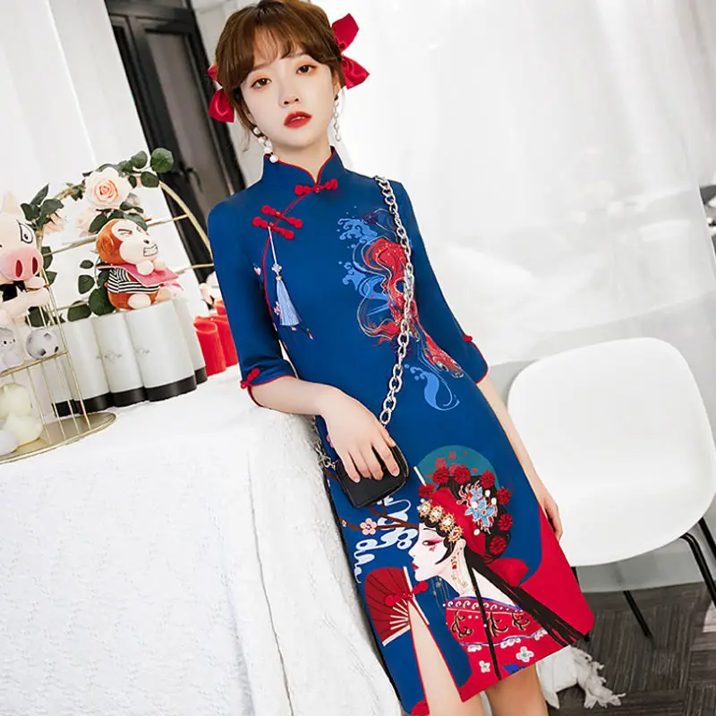 

Cheongsam young 2021 new improved Chinese style cheongsam dress small short women's Printed Dress