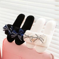 women plush home slippers butterfly knot winter warm house shoes slip on flats cute bowtie female slide indoor zapatos de hombre