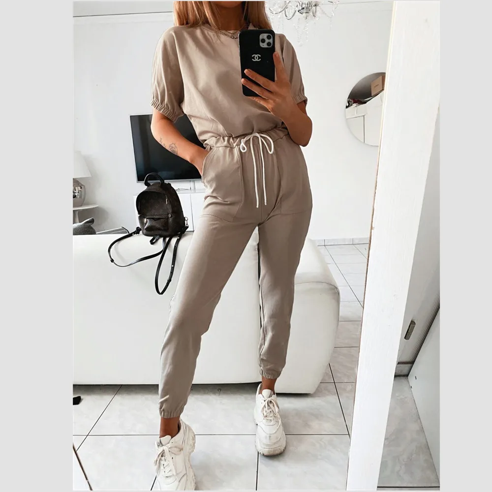 

2020 Women Sets Female 2 Pcs Sweatsuit Summer Short Puff Sleeve Pullover Suits Ladies Lace-up Pocket Outfit Two Piece Tracksuits