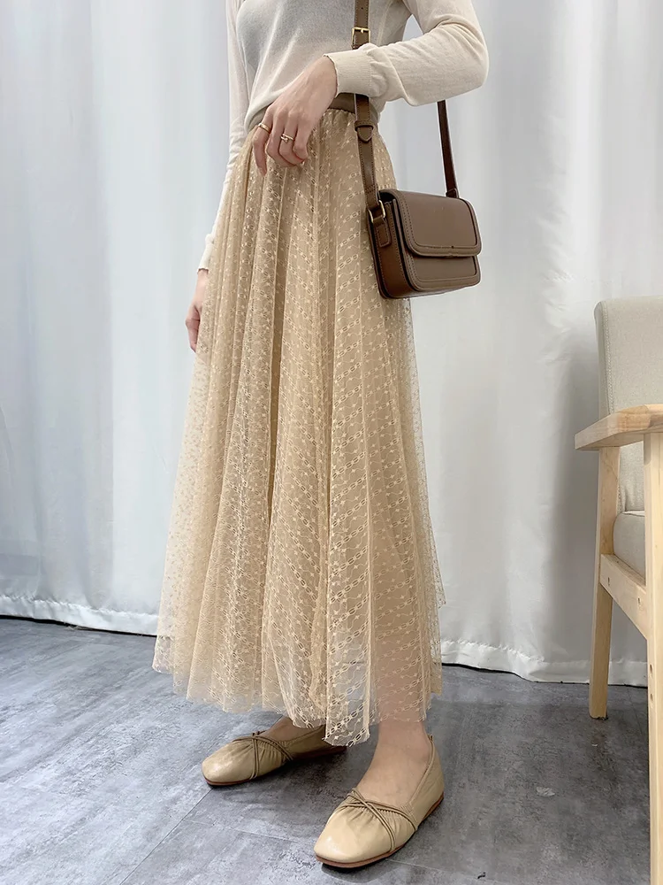 

2021 Autumn Lace Skirts Womens Elastic High Waist Hollow Out Lace Mesh Long Skirts Sweet A Line Maxi Skirt Solid Color Falda