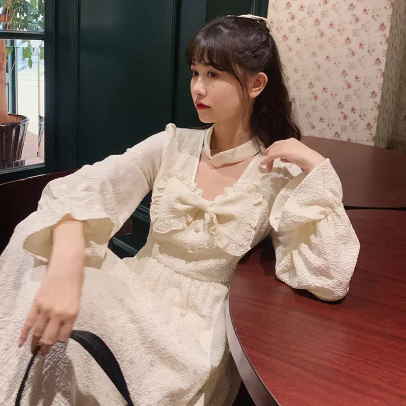 

Women Dress Japanese Long Sleeve Elegant Dress White Korean Female Square Collar Ruffles Bow Casual Lolita 2021 Autumn Clothing