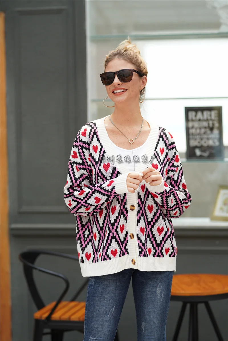 Heart Print Ladies Knitted Cardigan Female Casual Single Breasted Jumper Autumn Winter V-Neck Oversized Women Sweater Tops |