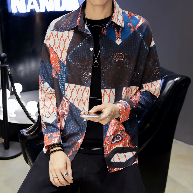 Мужская винтажная рубашка свободная дизайнерская с геометрическим принтом