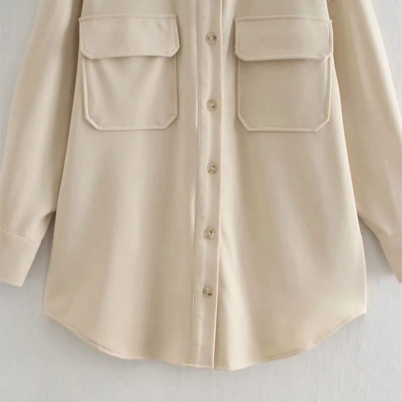 

Spring and autumn women's casual solid color lapel long sleeve pocket decoration loose shirt jacket