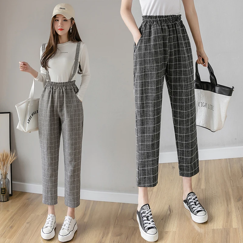 Женские винтажные клетчатые шаровары повседневные свободные брюки прямые