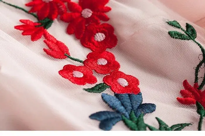 Women Short Sleeve Long Dress V Neck Flower Embroidery Mesh Midi | Женская одежда