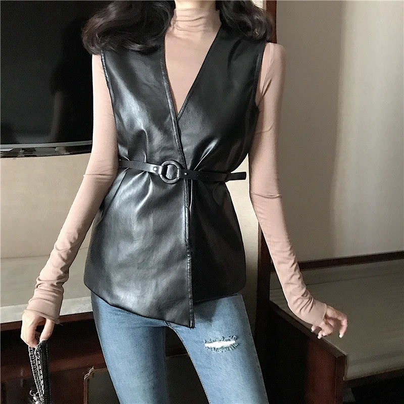 Женская кожаная жилетка TingYiLi осенне-Весенняя черная длинная с v-образным вырезом
