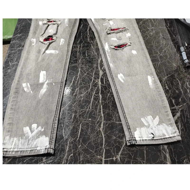 Men Pure Color Grid Jeans Gray Patchwork Designer Hip Hop Pants Slim Fit Elastic Hip-hop Style Pencil | Мужская одежда