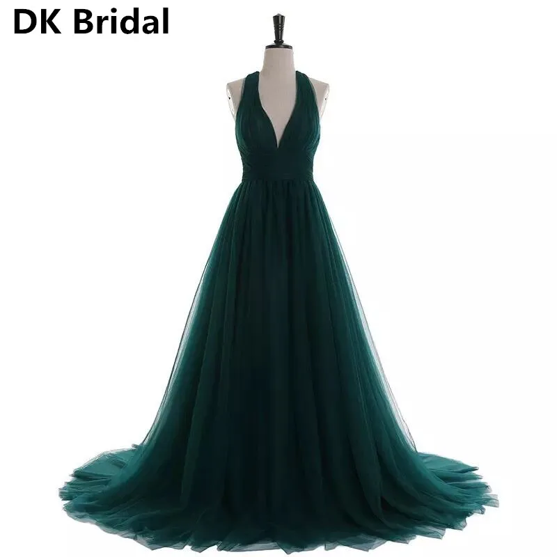 

Женское вечернее платье с V-образным вырезом, темно-зеленое длинное Плиссированное ТРАПЕЦИЕВИДНОЕ ПЛАТЬЕ ИЗ ТЮЛЯ С перекрестной спинкой, оф...
