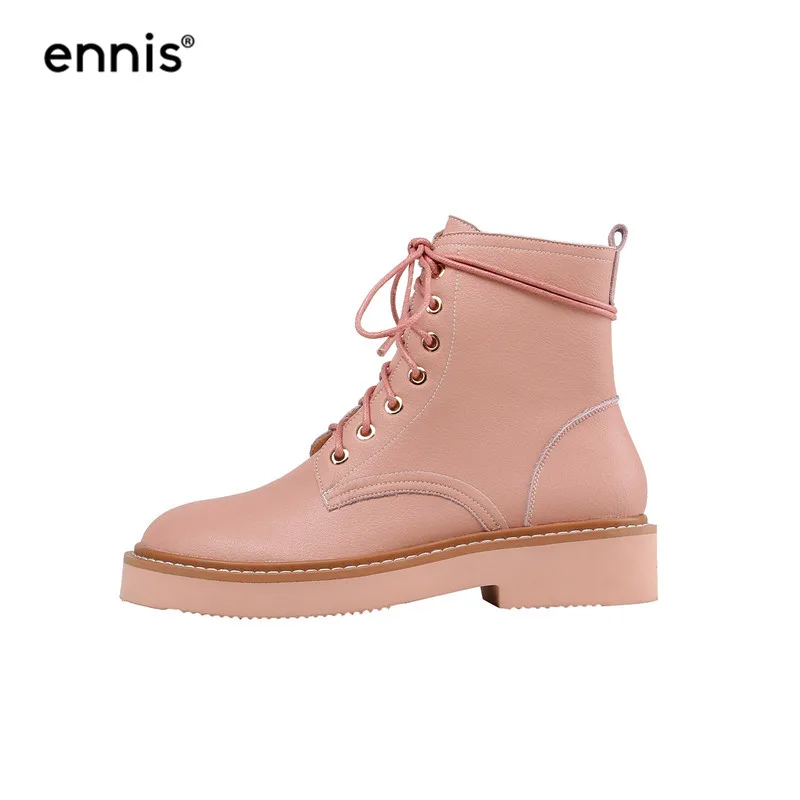 Pink Plush Inside ENNIS/брендовые Модные Ботинки martin на шнуровке женские ботинки из натуральной кожи ботильоны на платформе осенне-зимняя обувь с круглым носком A9277 - Цвет: Pink Plush Inside