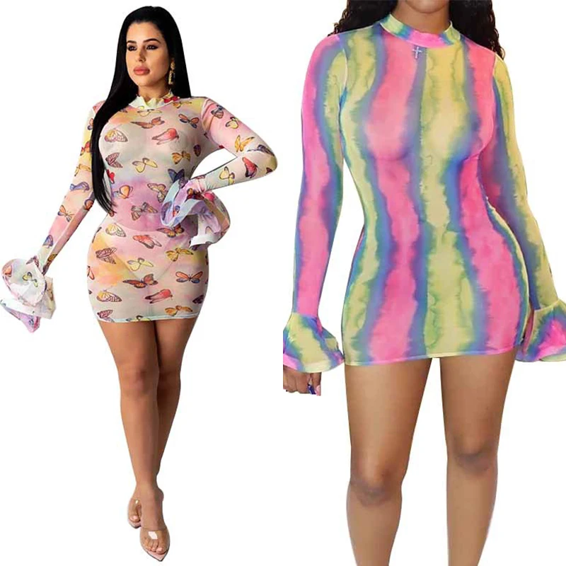 

Женское прозрачное Сетчатое платье с завязками и прозрачными оборками, облегающее мини-платье с длинным рукавом