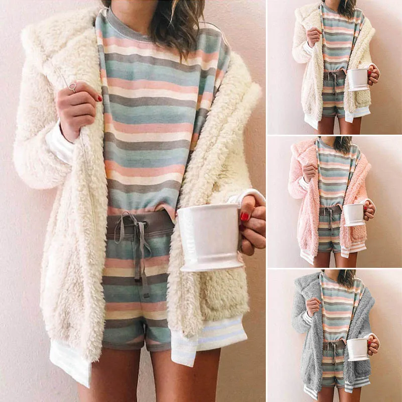 Женская куртка с капюшоном из плюша и флиса однотонный цвет пальто кардиган