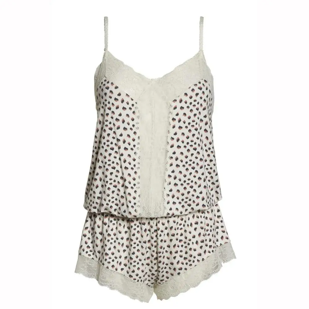 

2020 Sexy Pajamas Woman Two Piece Set Summer Spotted Lace Nightwear Suit V-neck Cami Shorts ice Silk Sleepwear Mujer Sloth
