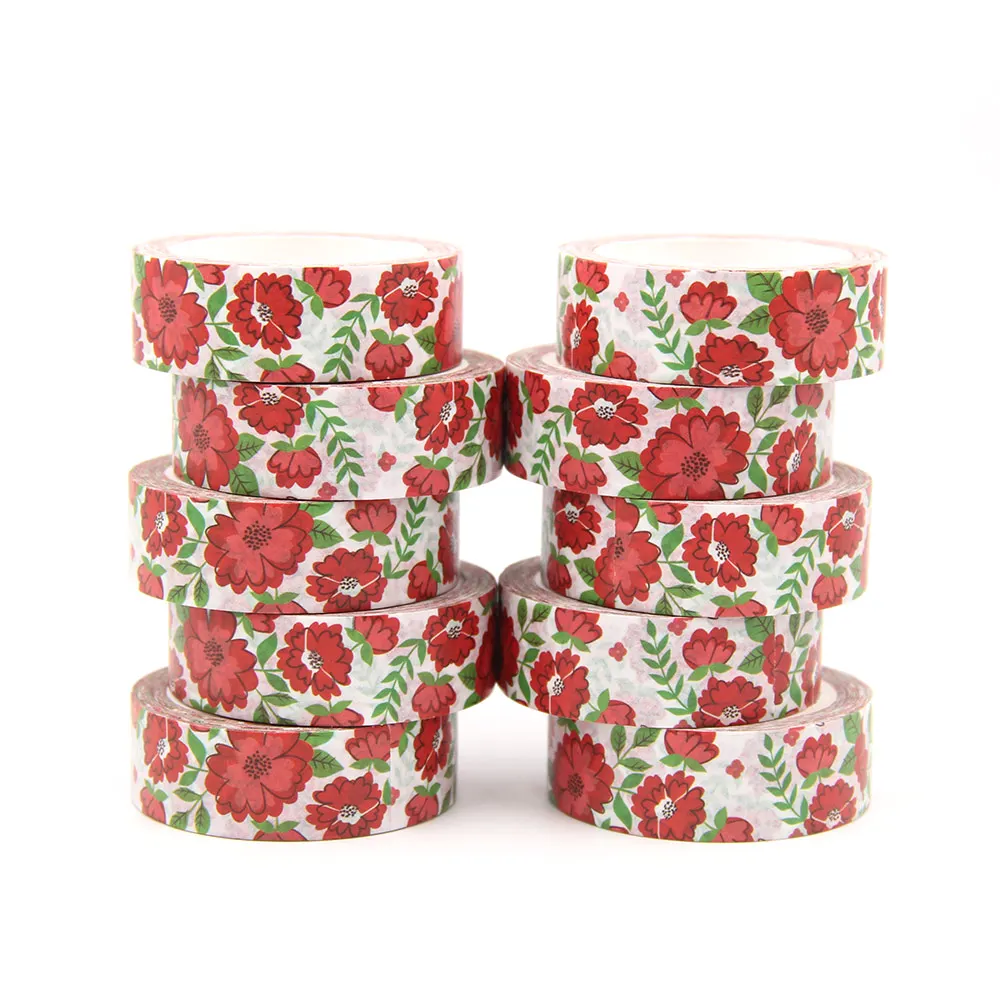 

10PCS/lot 15MM*10M Red Flowers Green leaves Washi Stickers Masking Tapes Decorative DIY Stationery office supplies washi tapes