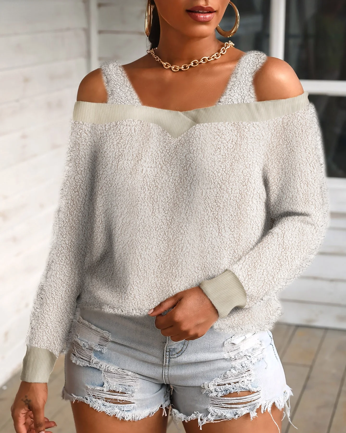 

Женские пикантные пушистые топы с открытыми плечами и цветными блоками, Осень-зима 2021, модная новинка