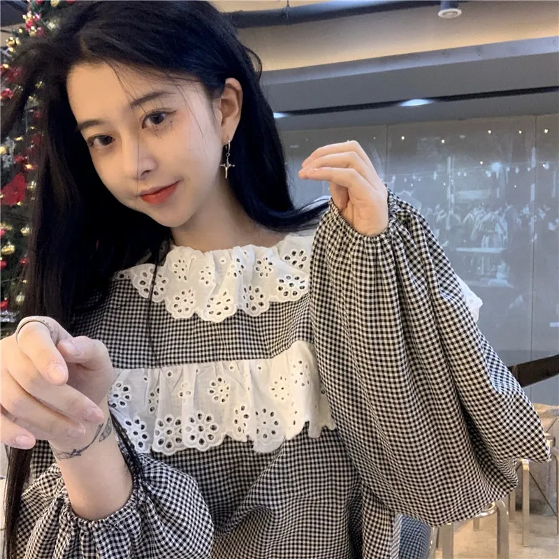 

RUGOD 2021 peter pan collar lace up hollow out women's tops sweet cute kawaii solid long shirt 2021 new female outgoing shirt
