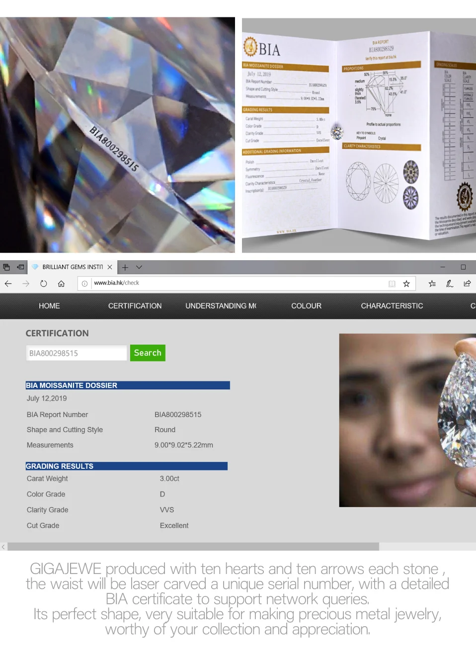 GIGAJEWE D топ цвет 0,5-3.0ct 10 Hearts10 стрелы круглой огранки Муассанит сертификат сыпучих алмазов тест прошел для изготовления ювелирных изделий