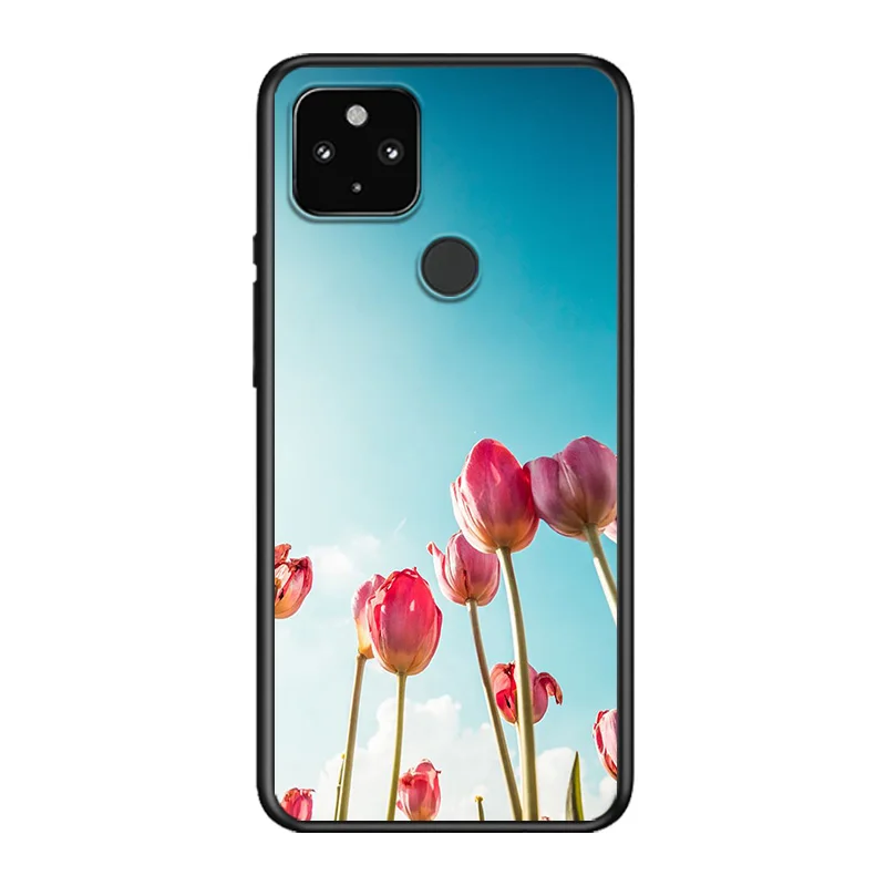 

Tulips Flower Spring Field Soft TPU Silicone Black Cover For Google Pixel 5 4A 5G 4 XL Phone Case