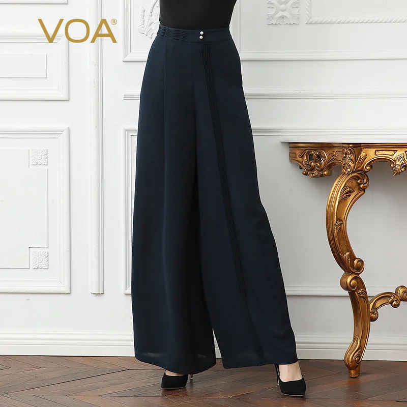 

VOA Heavyweight Silk Dark Blue Elastic Waist Pearl Clasp Stereo Fold Non-symmetrical Design Women's Business Casual Pants K0360