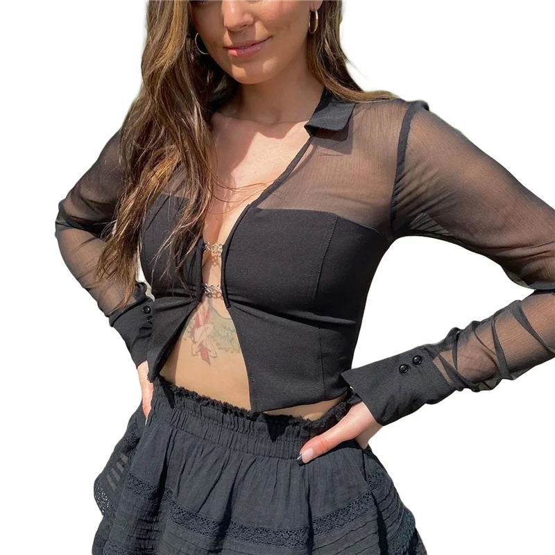 

Women Casual Long Sleeve Cardigan Fashion Solid Color Mesh Yarn Stitching Exposed Navel Shirt, S/M/L