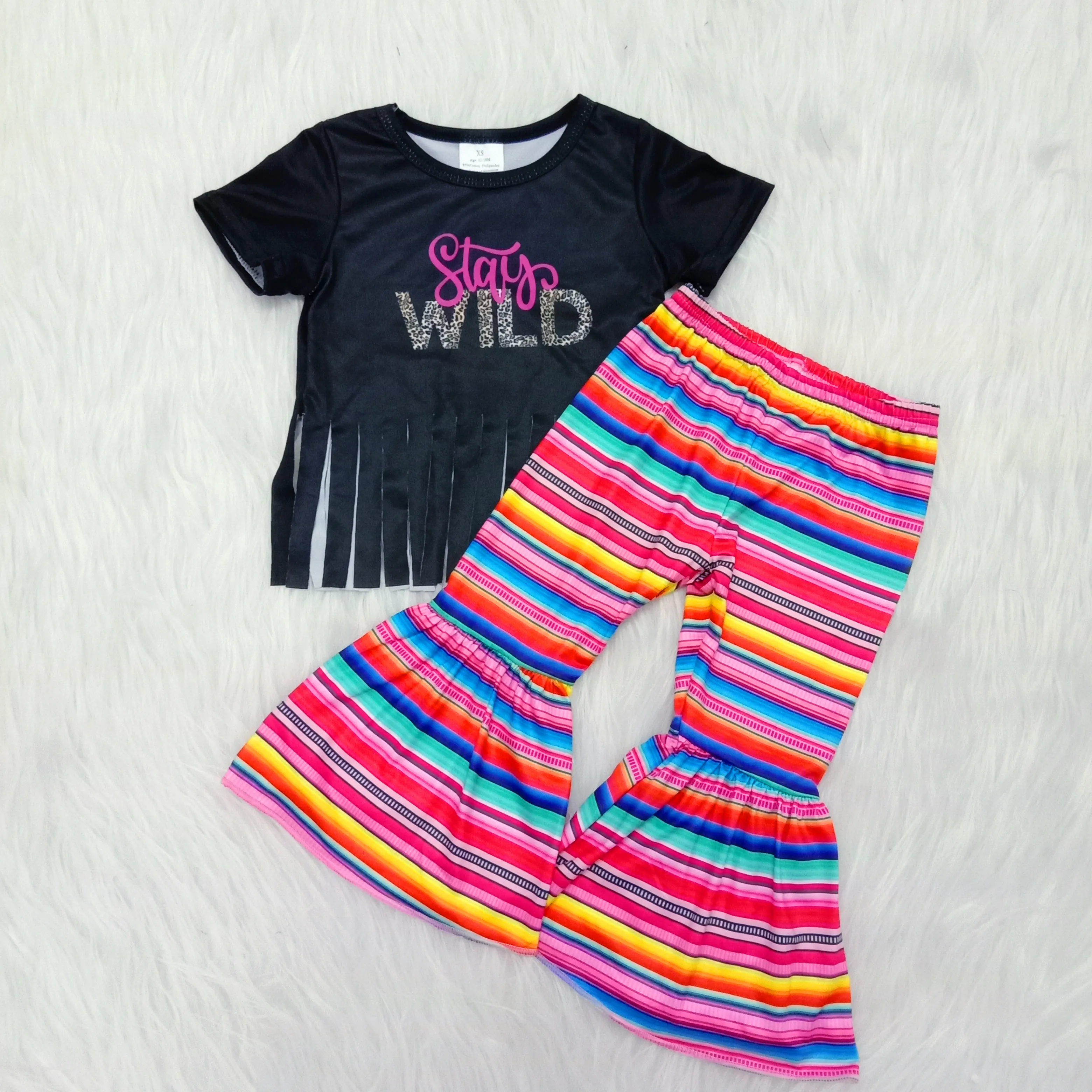 

"Wild One" print short sleeve tassels top+ bell bottom stripe pants