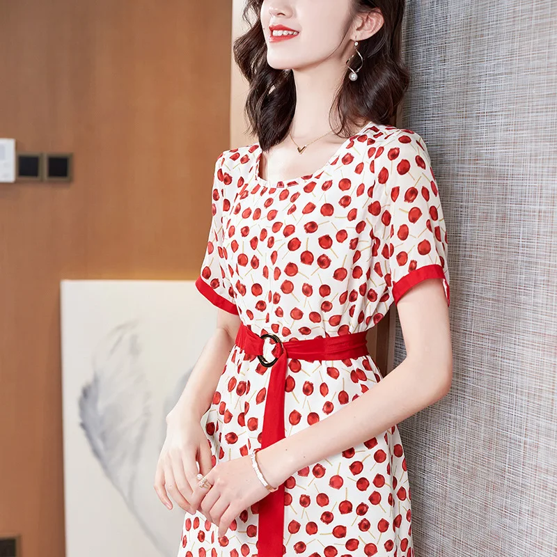 

Mulberry Silk Dress Summer New Round Neck Waist Short Sleeve Loose Print Medium Long Silk A-line Skirt