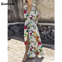 cashiona 2021 long maxi dress women bohemian flower print sundress a line robe plus size 3xl femme deep v neck skirt dresses