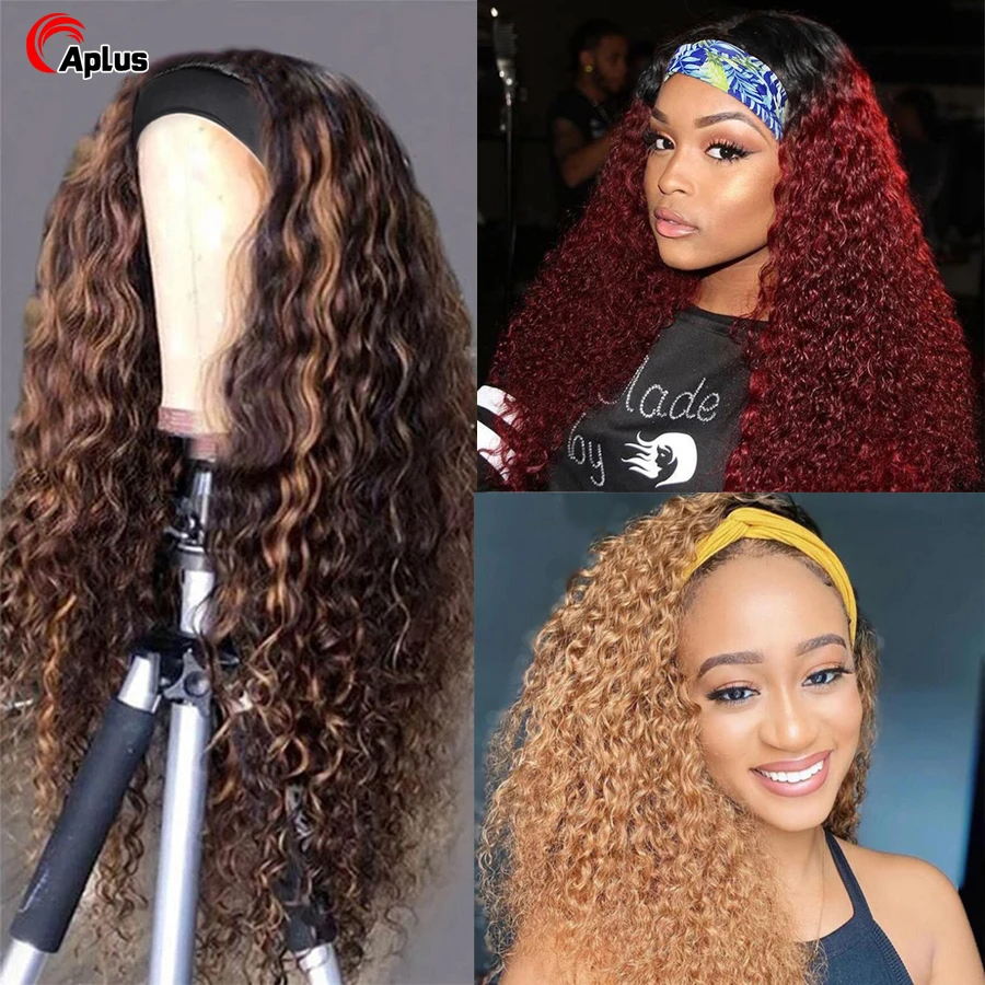 

1B/Burgundy Afro Curly Headband Wig Human Hair Ombre 99J Blonde Highlight Headband Wig Brazilian Deep Curly Human Hair Scarf Wig