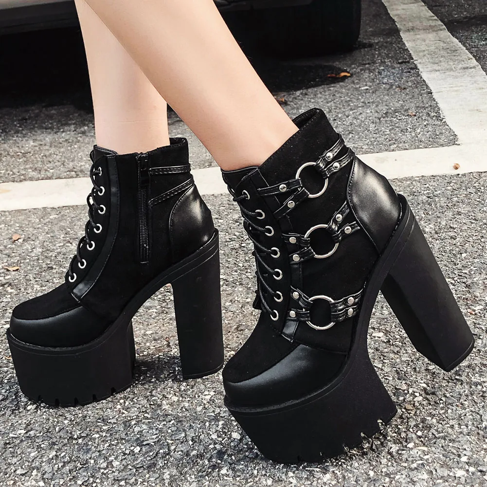 

Brand New 2021 Spring Fashion Motorcycle Boots Women Platform Heels Casual Shoes Lacing Round Toe Shoes Ladies Autumn Boot Black