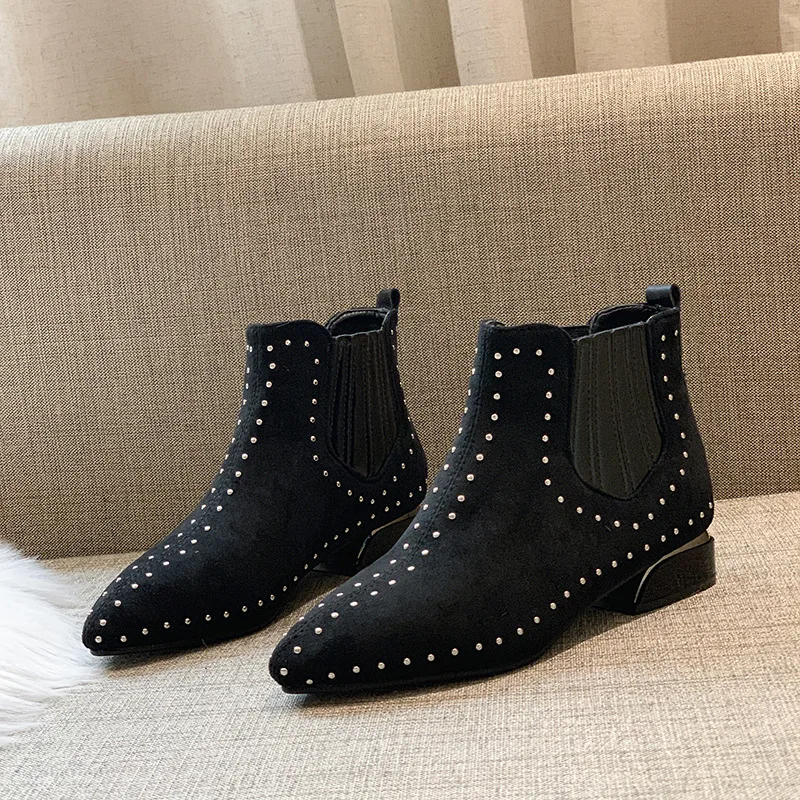 С Острым носком с заклепками Сапоги в стиле панк женские сапоги высоким