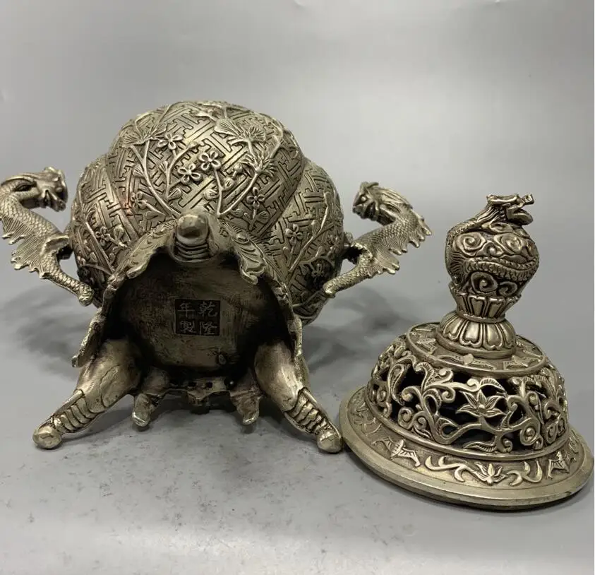 

China White copper archaize double dragon Incense burner crafts statue