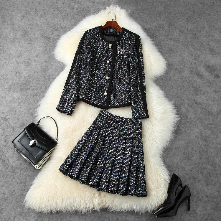 

Женская одежда в европейском и американском стиле, новинка зимы 2020, стильное твидовое пальто с длинными рукавами и бисером, черный костюм