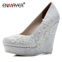 enmayer super wedege high heels shoes slip on 2020 elegant luxury shoes women round toe women shoes wedding fashion flower pumps