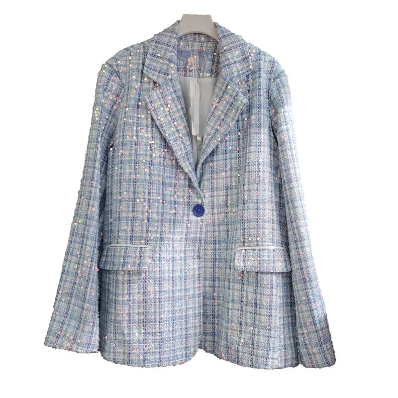 

2021 Autumn Plaid Blazer Women Heavy Embroidery Sequins Blue Ripped Sequined Suit Jacket Lady Chic Tweed Coat Veste Femme