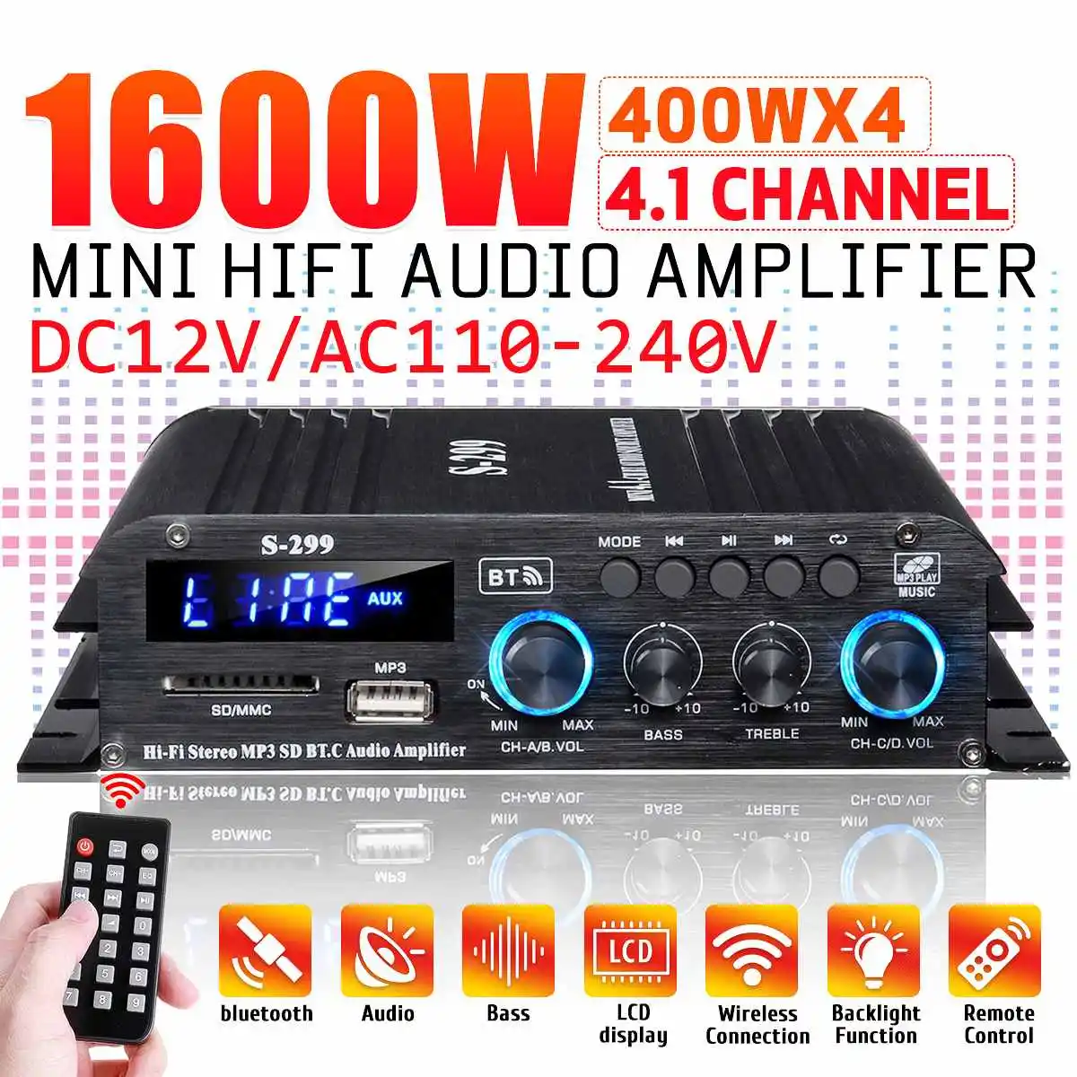 

4*400W 4.1 Channel Power Amplifier Audio Karaoke Home Theater Amplifier bluetooth Wireless Amplifier USB/SD AUX Remote Control