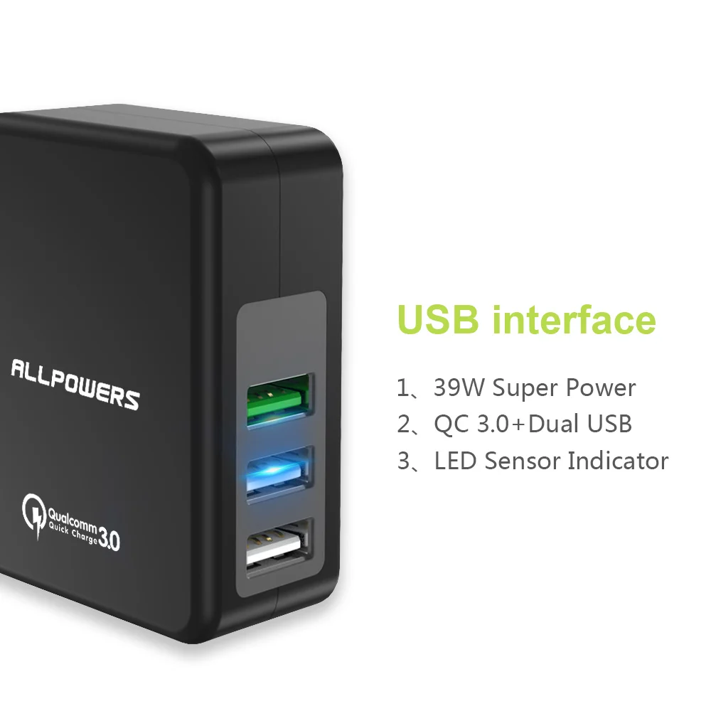 Быстрое зарядное устройство ALLPOWERS QC 3.0 с двумя USB-портами 23W для iPhone Samsung Huawei MacBook Laptop Smartphone