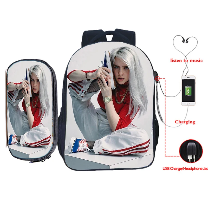 Billie Eilish рюкзак для зарядки через usb 2 шт./компл. школьная сумка для подростков мальчиков и девочек рюкзак для ноутбука пенал Дорожная сумка на плечо