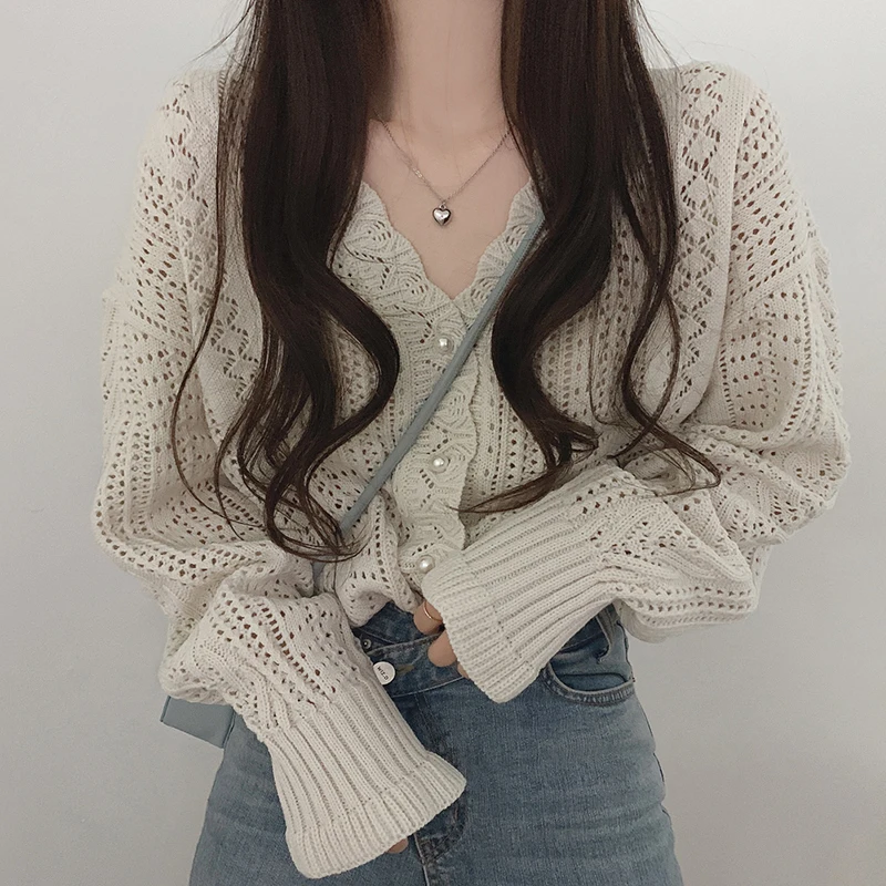 

Женский однотонный вязаный кардиган, элегантный корейский однобортный Свободный кардиган с V-образным вырезом, ажурным кружевом и длинным ...