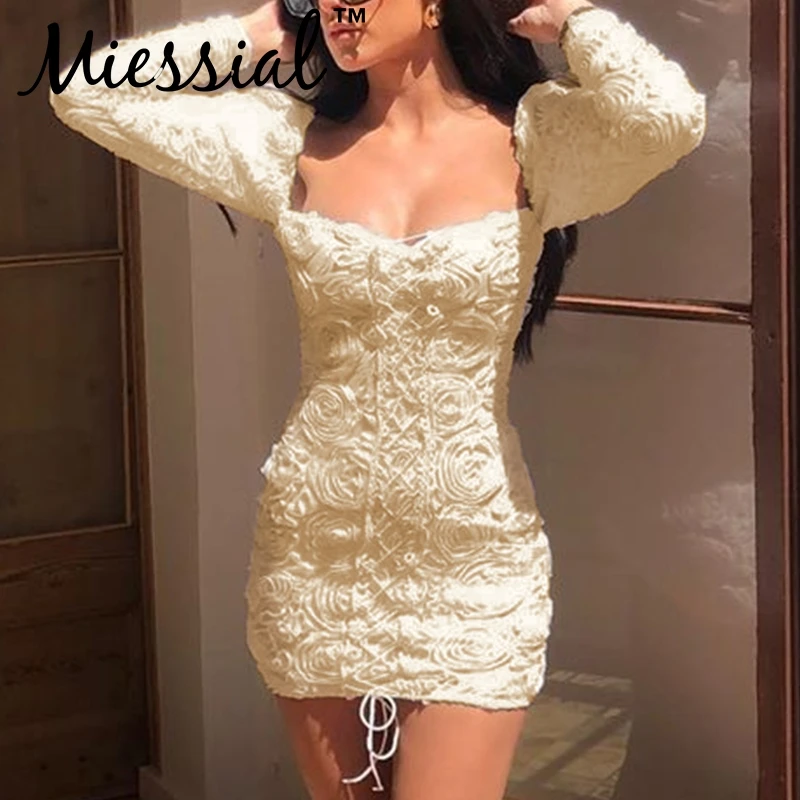 Miessial вязаное цветочное винтажное облегающее мини платье женское элегантное на