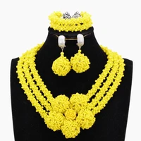 yellow fine jewelry sets for women crystal handmade 3 layers african beads jewelry set for nigerian weddings with balls 3 pieces